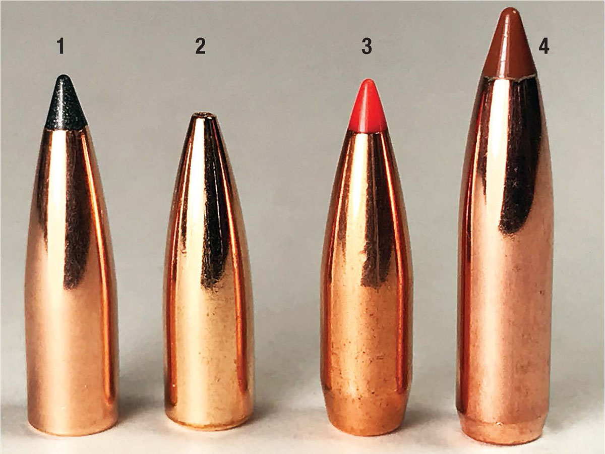 Bullets tested include the (1) Nosler 90-grain Varmageddon, (2) Speer 90 TNT HP, (3) Hornady 95 V-MAX, and for long-range shooting the (4) Nosler 120-grain Nosler Ballistic Tip.